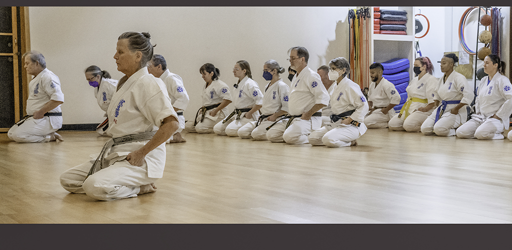 Thousand Waves' Seido Karate Students sitting in lines meditating.